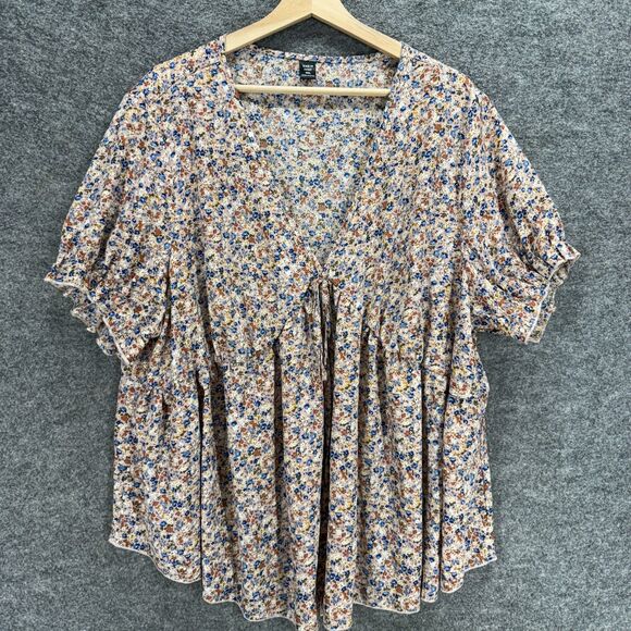 SheIn Blouse Women 4XL Beige Floral V-Neck Short Sleeve Pullover Casual Comfort - Picture 1 of 7